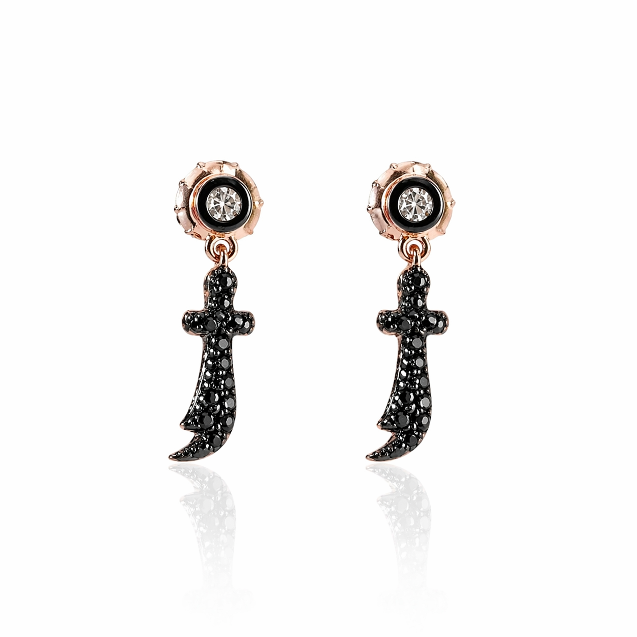 Cercei eleganti tip sabie din argint 925 rose gold cu pavaj de diamante CZ negre micropave, design italian premium Lasardo Gioielli