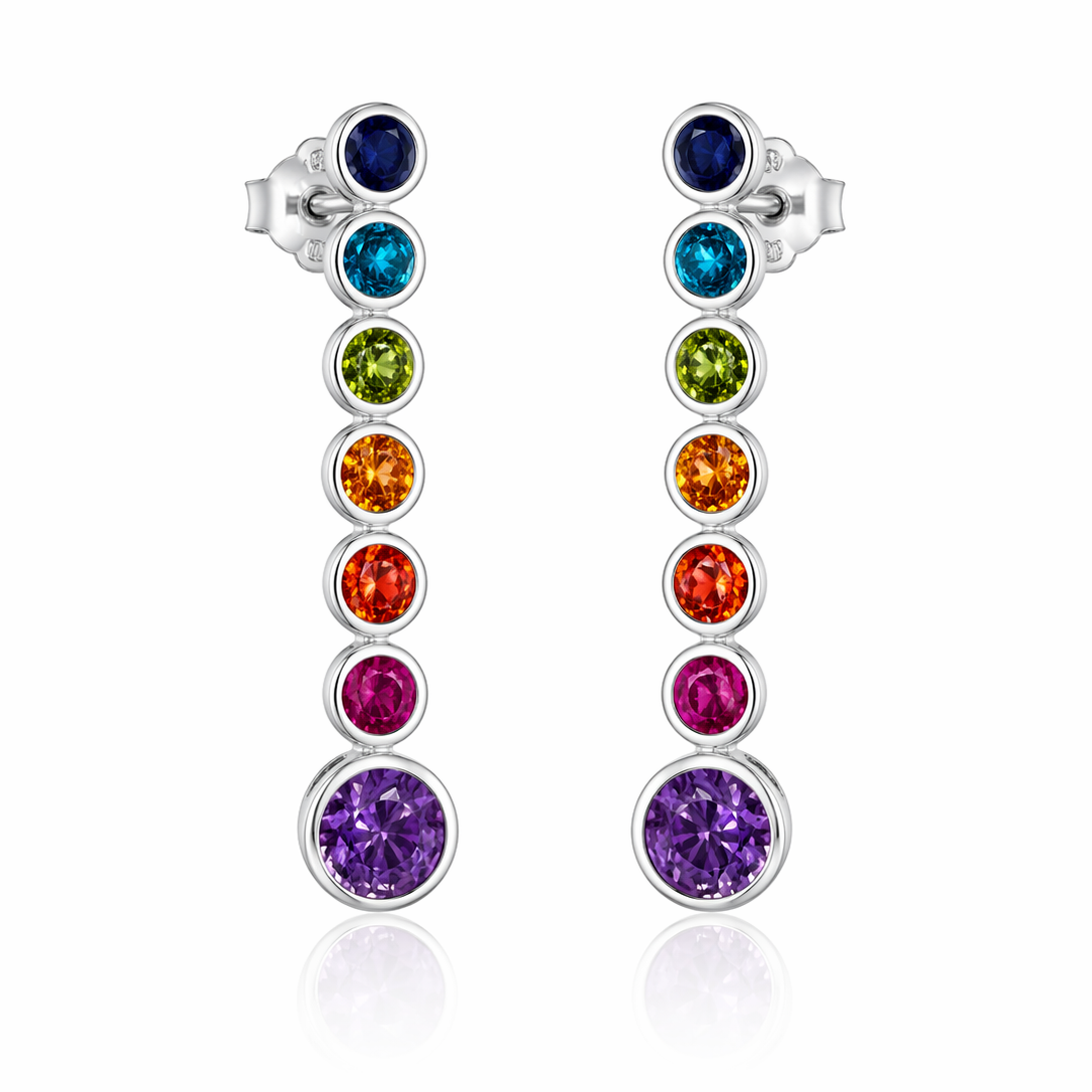 Cercei tennis liniari din argint 925 rodiat cu diamante CZ multicolore in sapte nuante diferite, taietura cipollina, colectia Lasardo Gioielli