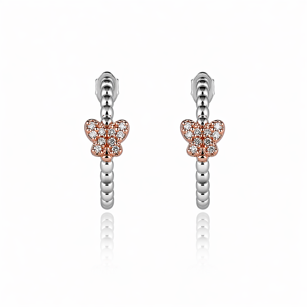 Cercei tip semicerc din argint 925 rodiat cu design sferic si fluture central placat cu rose gold si diamante CZ, colectia Lasardo Gioielli vedere frontala