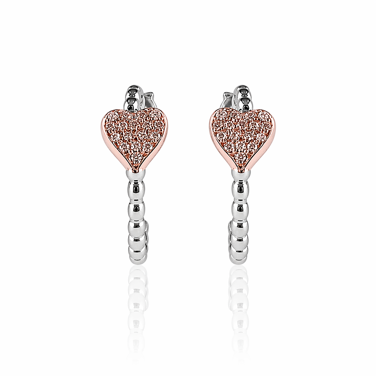 Cercei tip tortita din argint 925 rodiat cu design sferic si inima centrala placata cu rose gold si diamante CZ, colectia Lasardo Gioielli, vedere frontala