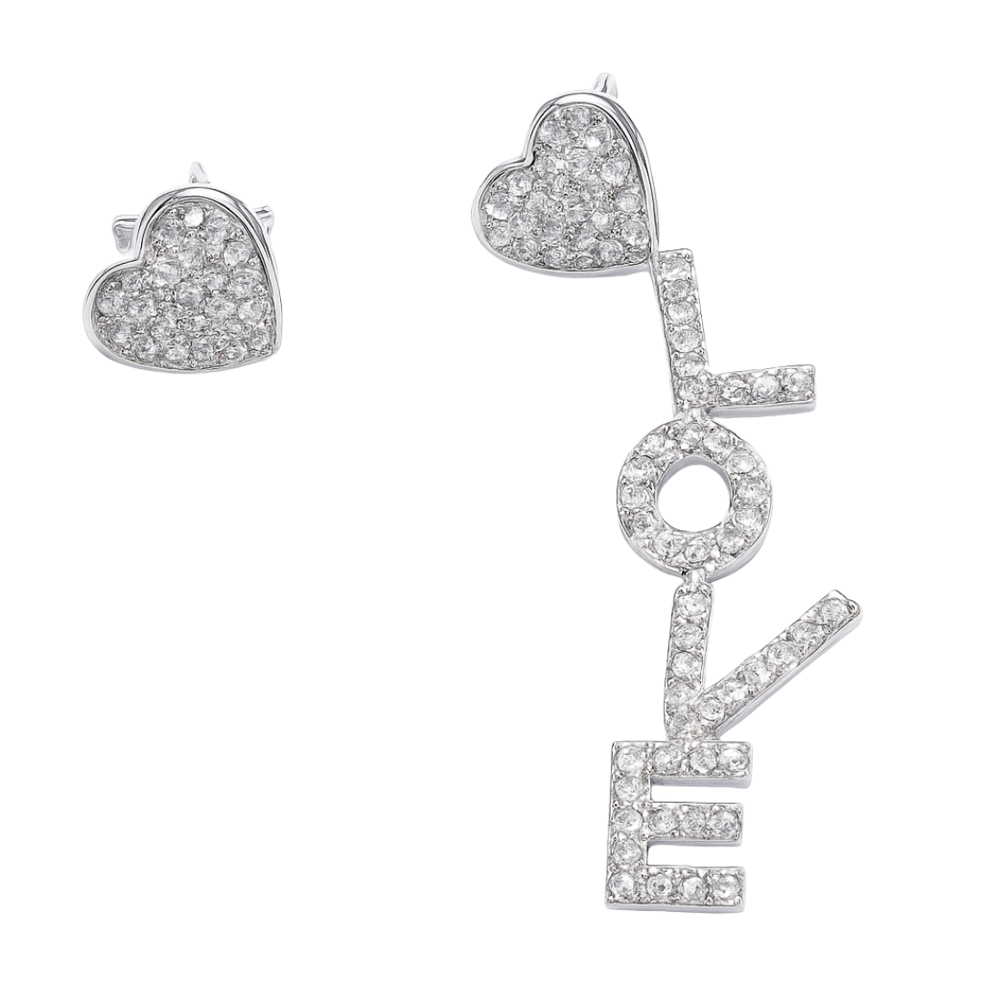 cercei din argint 925 rodiat asimetrici cu scris love si inimi diamante cz