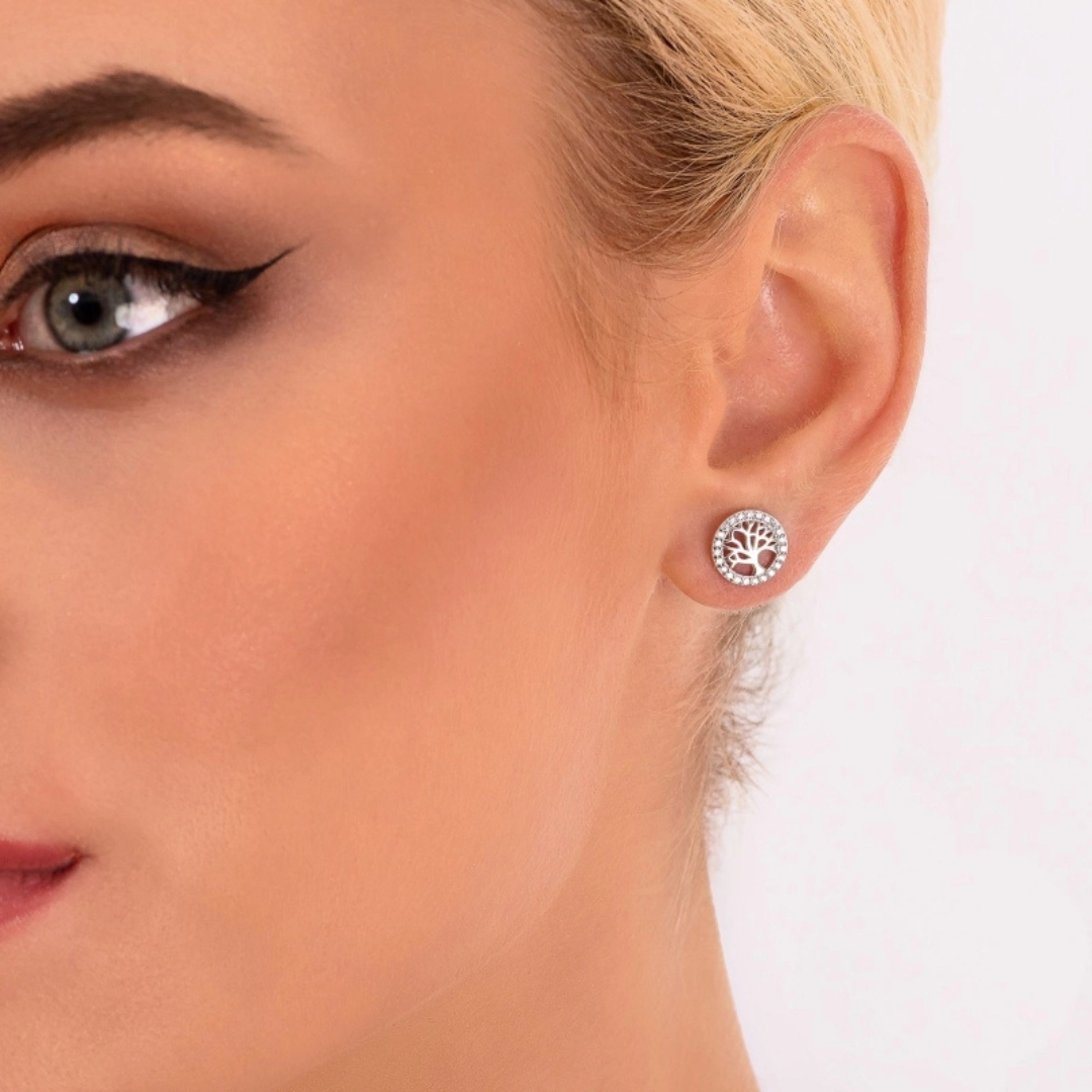 cercei din argint 925 rodiat cu pomul vietii diamante cz la ureche