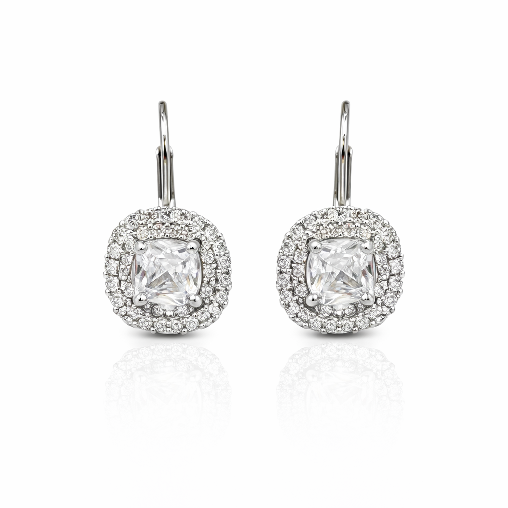 cercei din argint 925 rodiat cu tortita si diamante cz asscher cut si round cut