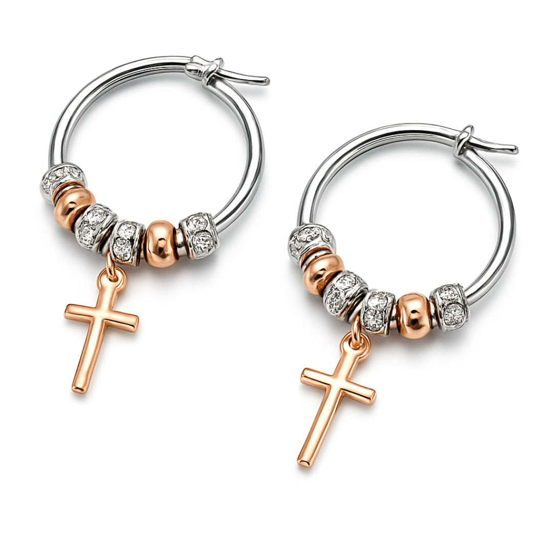 cercei tortita din argint 925 rodiat cu elemente argintii si rose gold si cruced rose gold