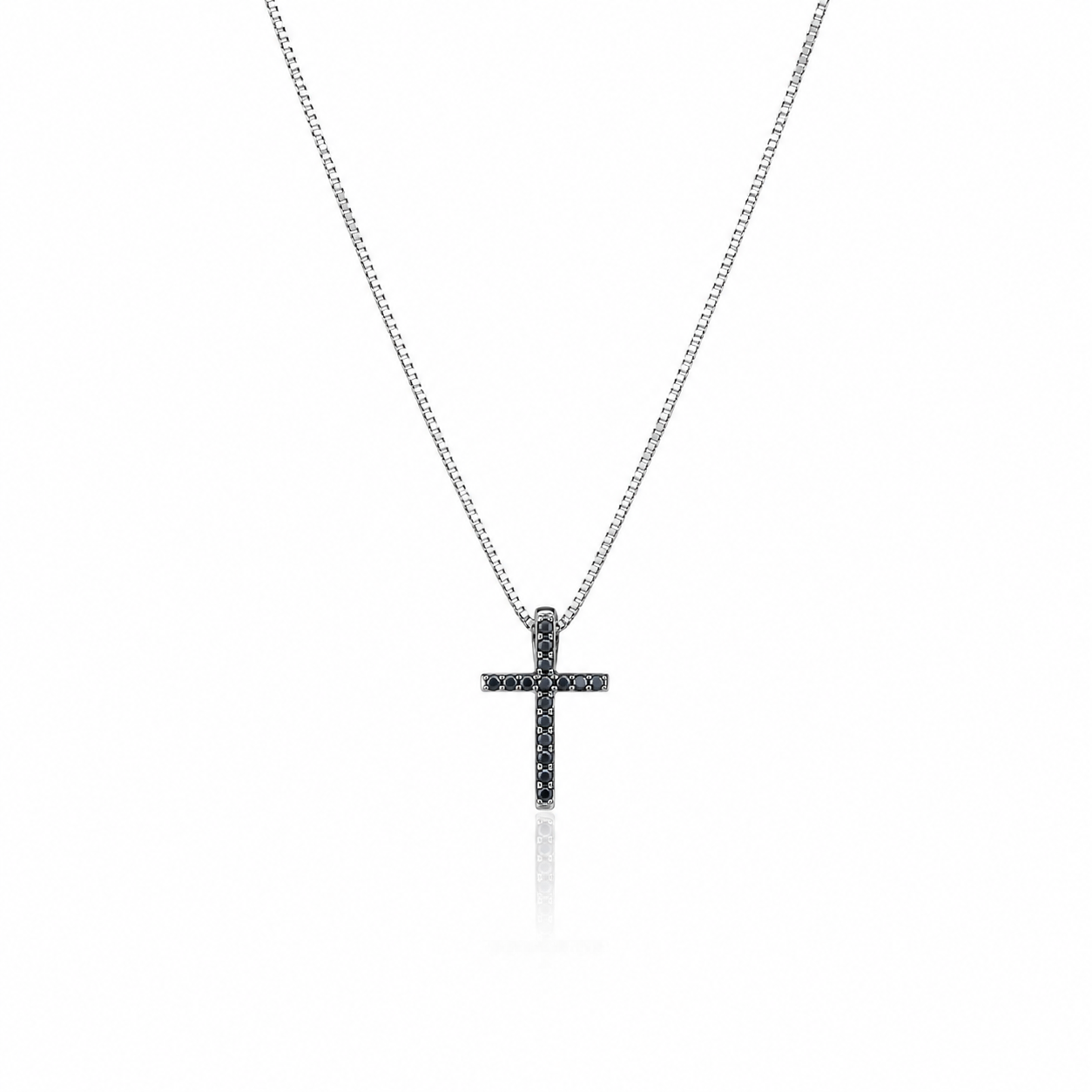 Colier din argint 925 rodiat cu pandantiv cruce neagra incrustata cu diamante CZ negre stralucitoare