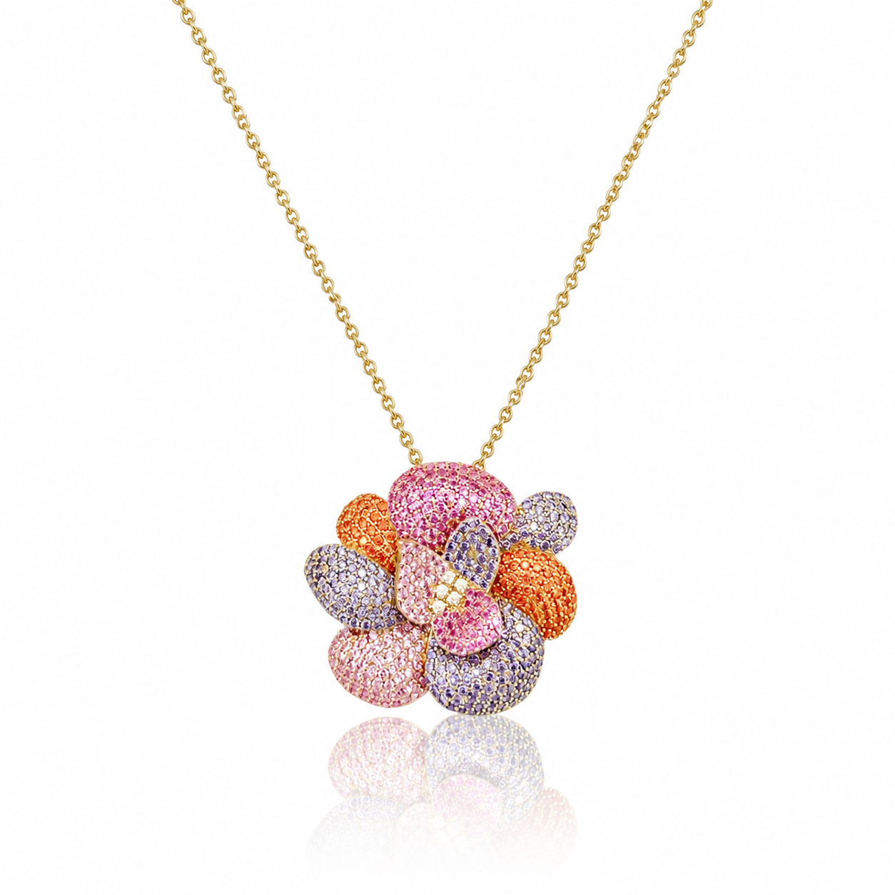 colier din argint 925 rodiat auriu deosebit cu o floare batuta in diamante cz mov, roz, portocalii