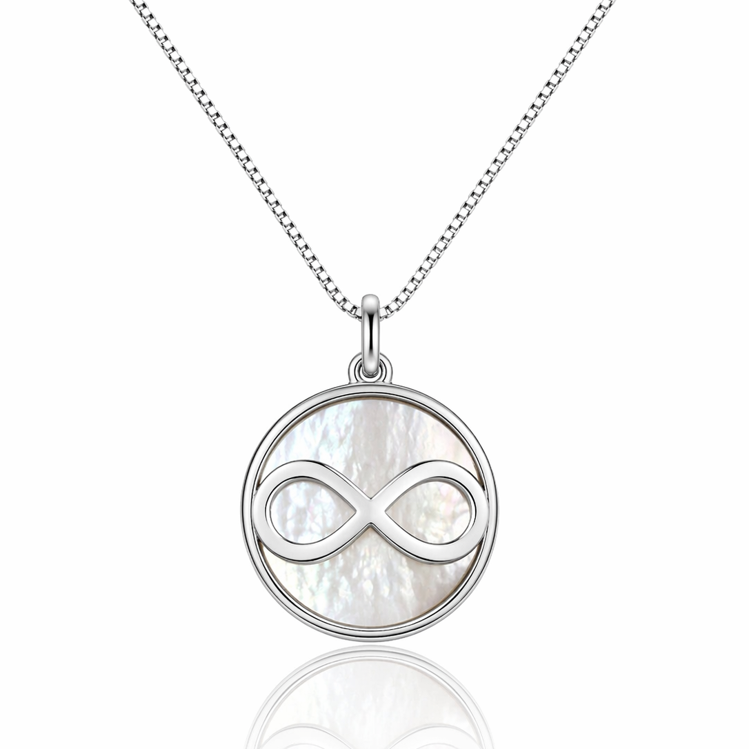 Colier din argint 925 rodiat cu pandantiv rotund din sidef natural si simbolul infinitului aplicat central.