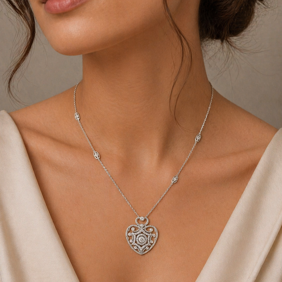 Colier spectaculos din argint 925 rodiat cu pandantiv inima mare filigranata si diamante CZ stralucitoare, colectia Lasardo Gioielli, la gat