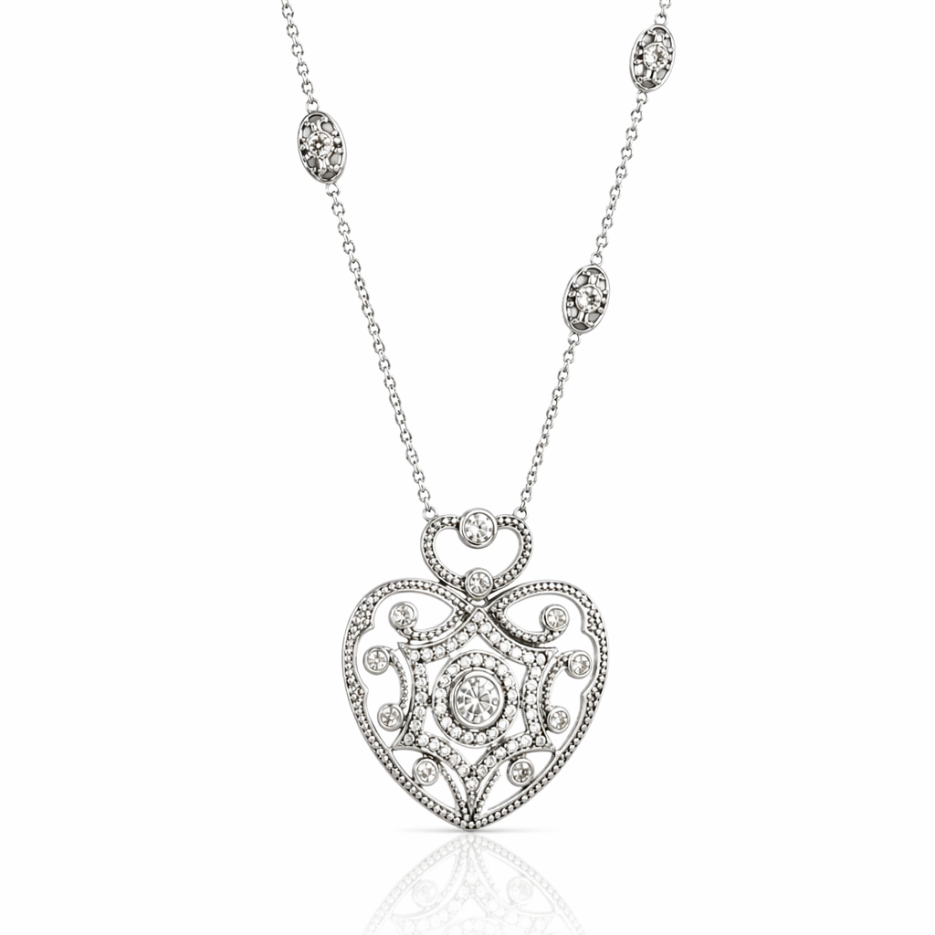 Colier spectaculos din argint 925 rodiat cu pandantiv inima mare filigranata si diamante CZ stralucitoare, colectia Lasardo Gioielli