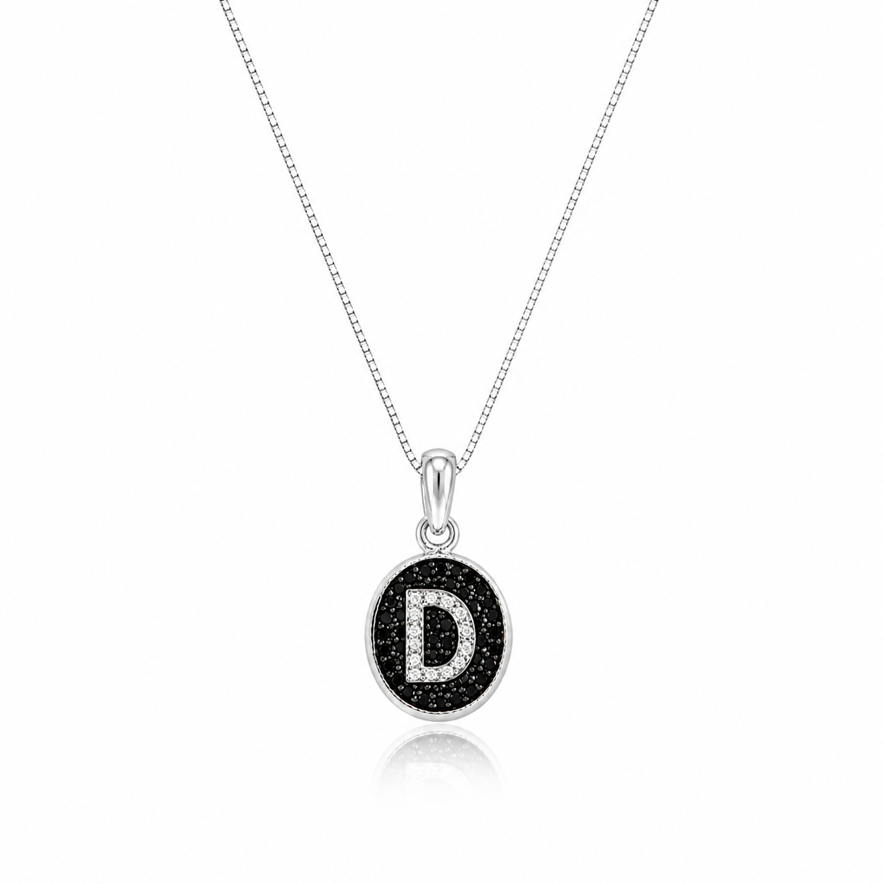 Colier din argint 925 rodiat cu pandantiv oval, fundal din diamante CZ negre si litera D din diamante CZ albe montate micropave