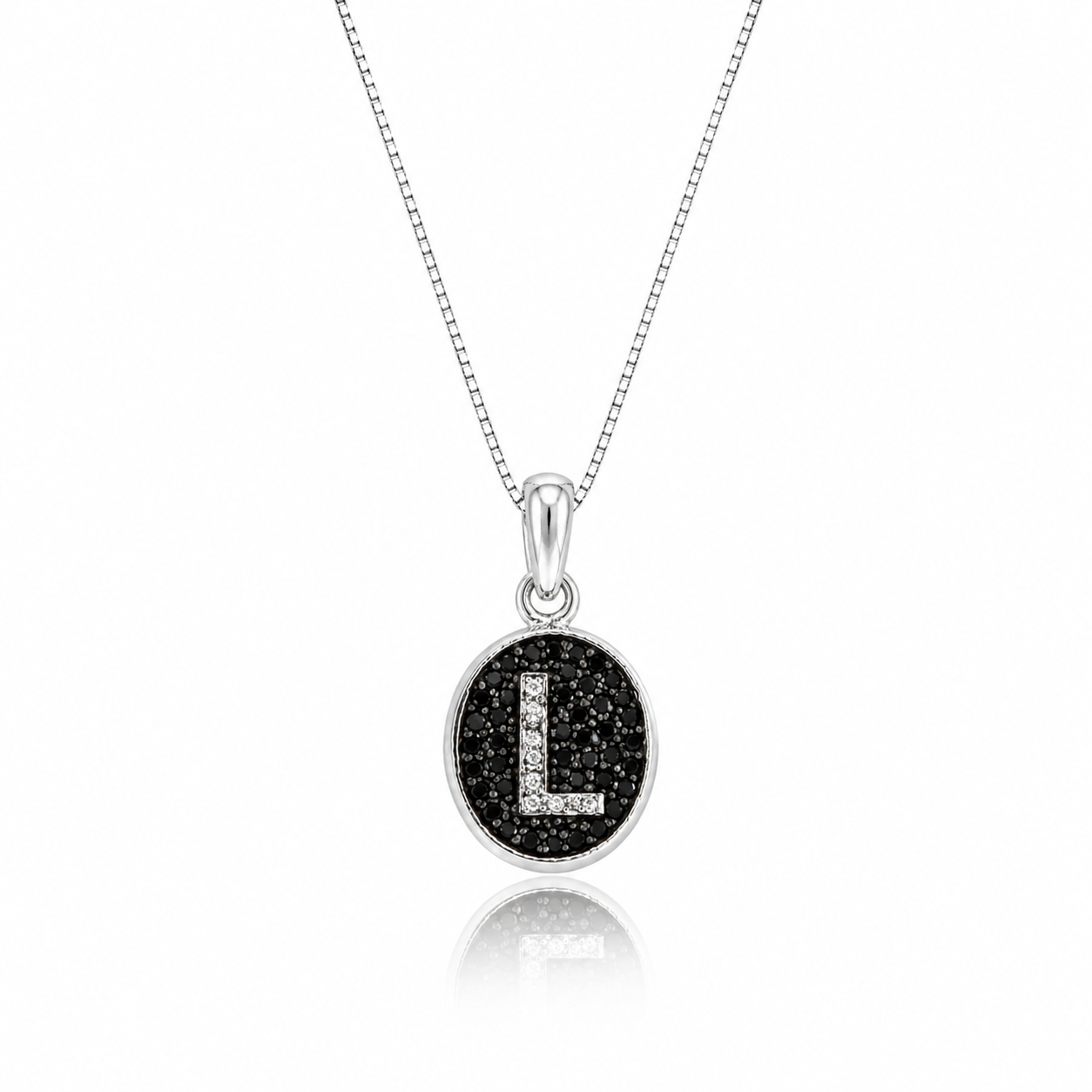 Colier din argint 925 rodiat cu pandantiv oval, fundal din diamante CZ negre si litera L din diamante CZ albe montate micropave