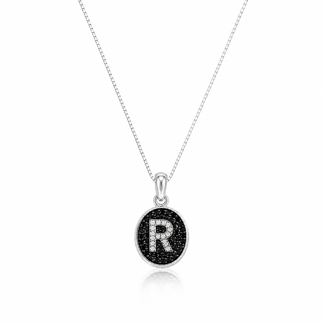 Colier din argint 925 rodiat cu pandantiv oval, fundal din diamante CZ negre si litera R din diamante CZ albe montate micropave