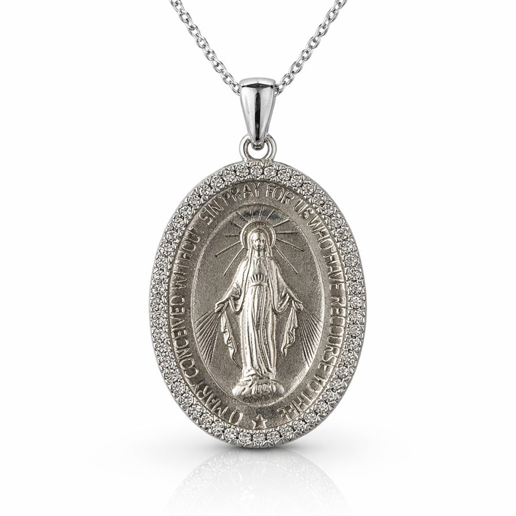 Colier elegant din argint 925 rodiat cu pandantiv oval mare de 3 cm reprezentand-o pe Maica Domnului, incadrat de diamante CZ stralucitoare, colectia Lasardo Gioielli.