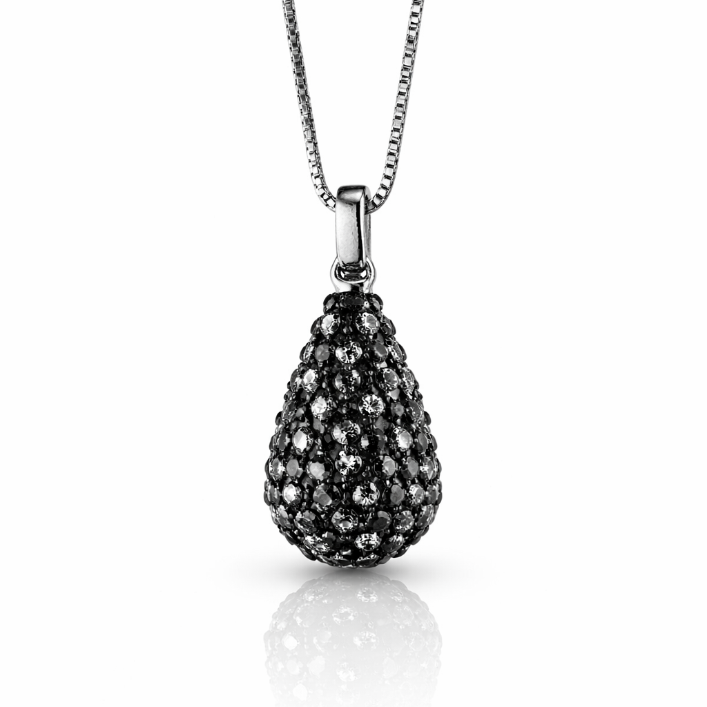 Colier elegant din argint 925 rodiat cu pandantiv in forma de picatura 3D, batut in cristale negre si albe, lant venetian, colectia Lasardo Gioielli.