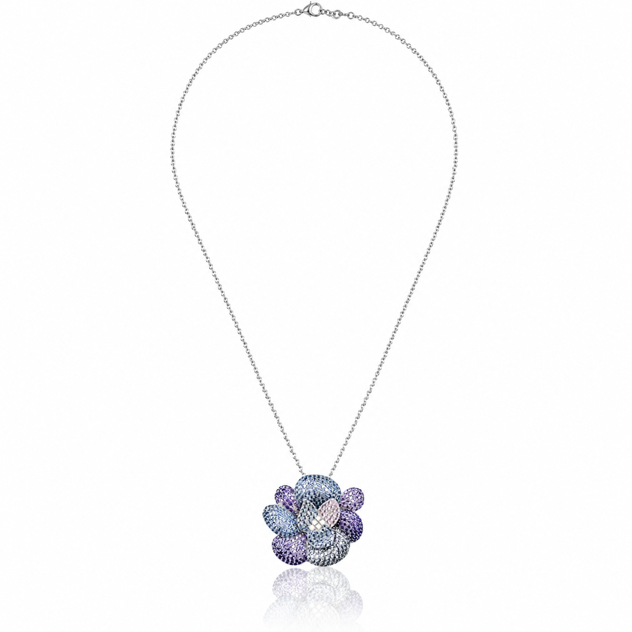 colier din argint 925 rodiat cu pandantiv floare mare batuta in pietre naturale ametist si spinel imagine produs complet