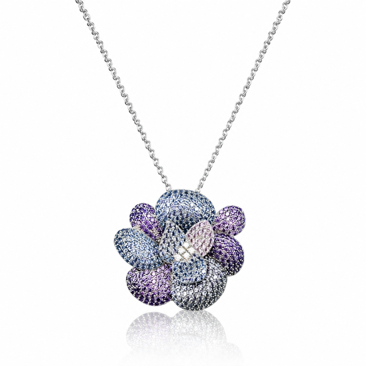 colier din argint 925 rodiat cu pandantiv floare mare batuta in pietre naturale ametist si spinel