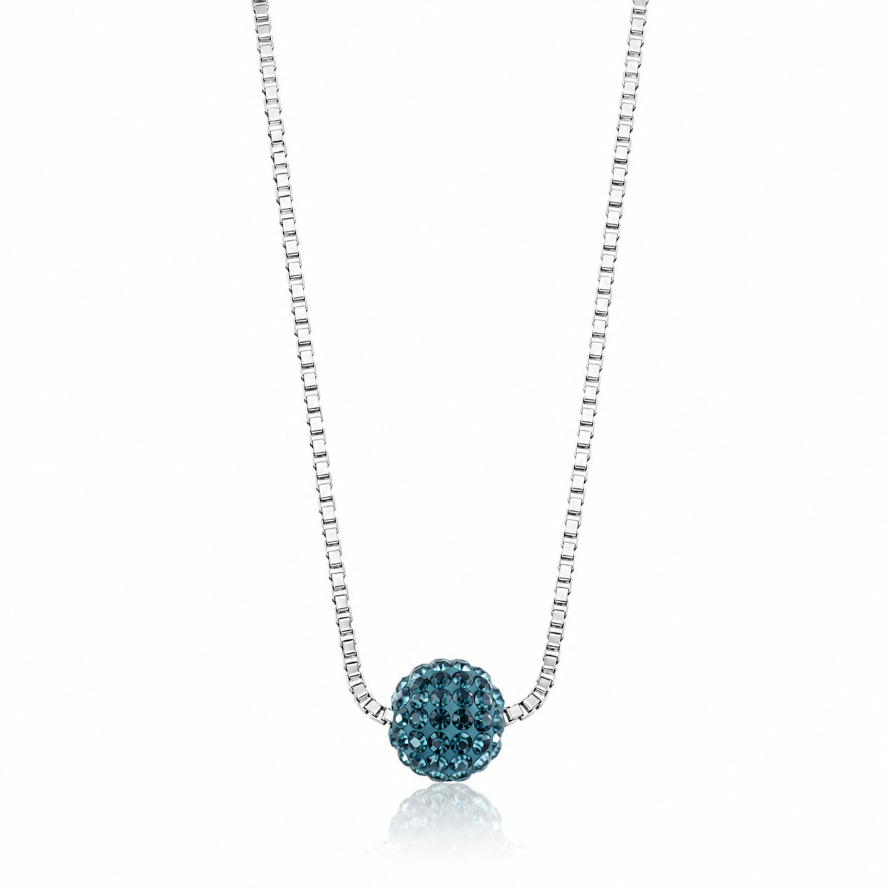 Colier din argint 925 rodiat cu lant venetian si pandantiv in forma de bila imbracata in cristale swarovski albastre.