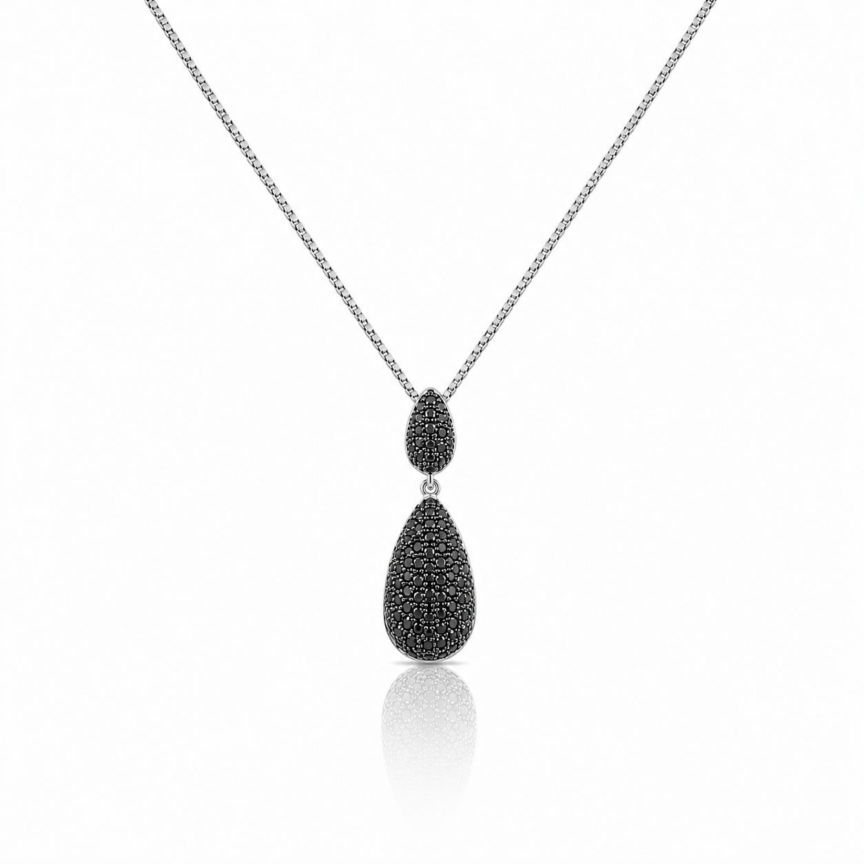 Colier din argint 925 rodiat cu lantisor fin si pandantiv dublu drop in forma de lacrima cu diamante cz negre montate micropave