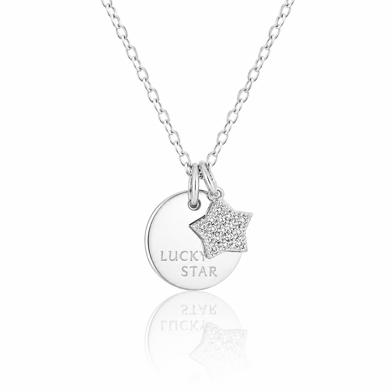 Colier din argint 925 rodiat cu lantisor fin si doua pandantive suspendate: un banut plat gravat Lucky Star si o stea stralucitoare cu diamante cz montate micropave.