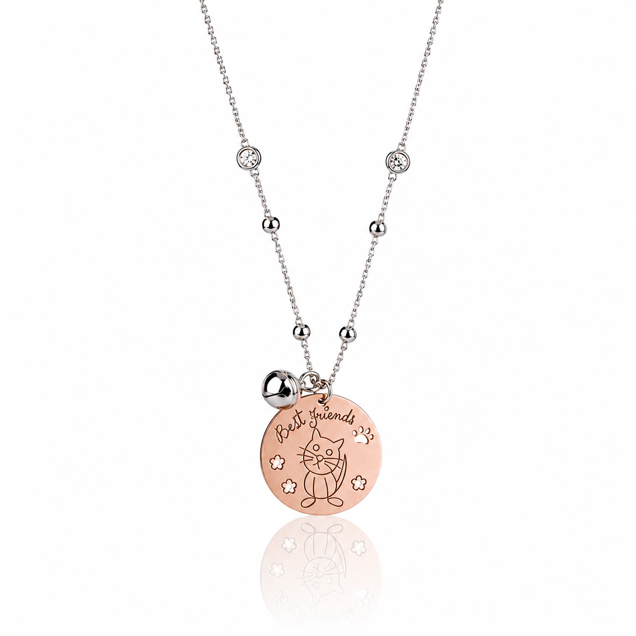 Colier de dama din argint 925 rodiat cu detalii din cristale, medalion banut rose gold gravat Best Friends cu pisica si charm clopotel