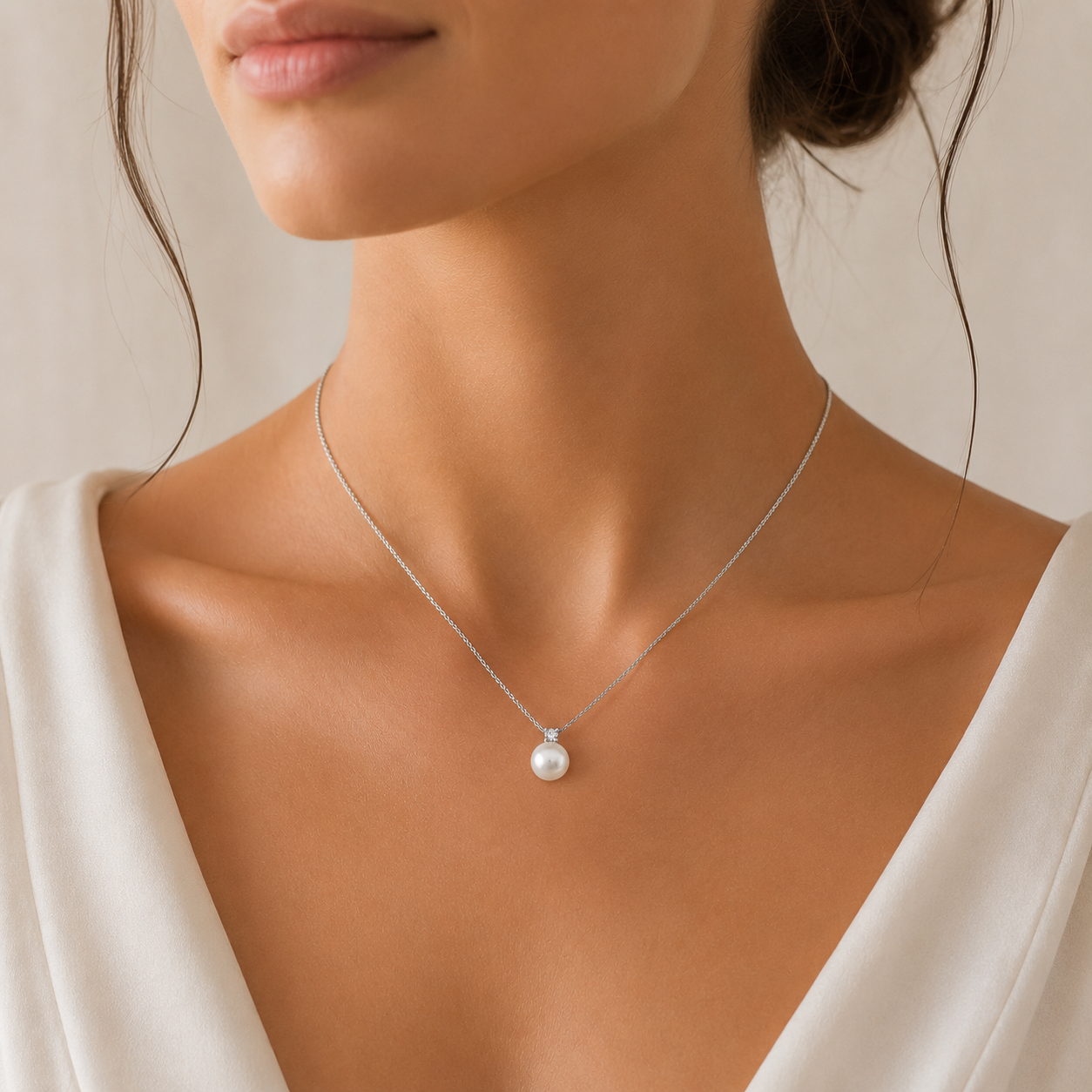 Detaliu la baza gatului cu un model feminin purtand colierul minimalist din argint cu perla de cultura si accent din diamant cz alb.