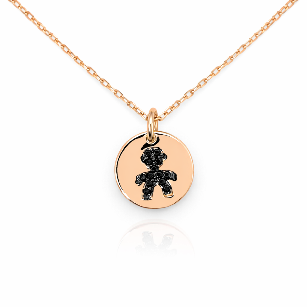colier din argint 925 rodiat rose gold cu pandantiv banut cu baietel in diamante cz