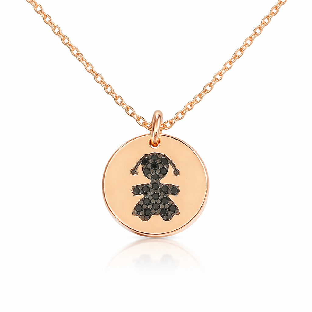 colier din argint 925 rodiat rose gold cu pandantiv rotund banut cu fetita in diamante cz negre