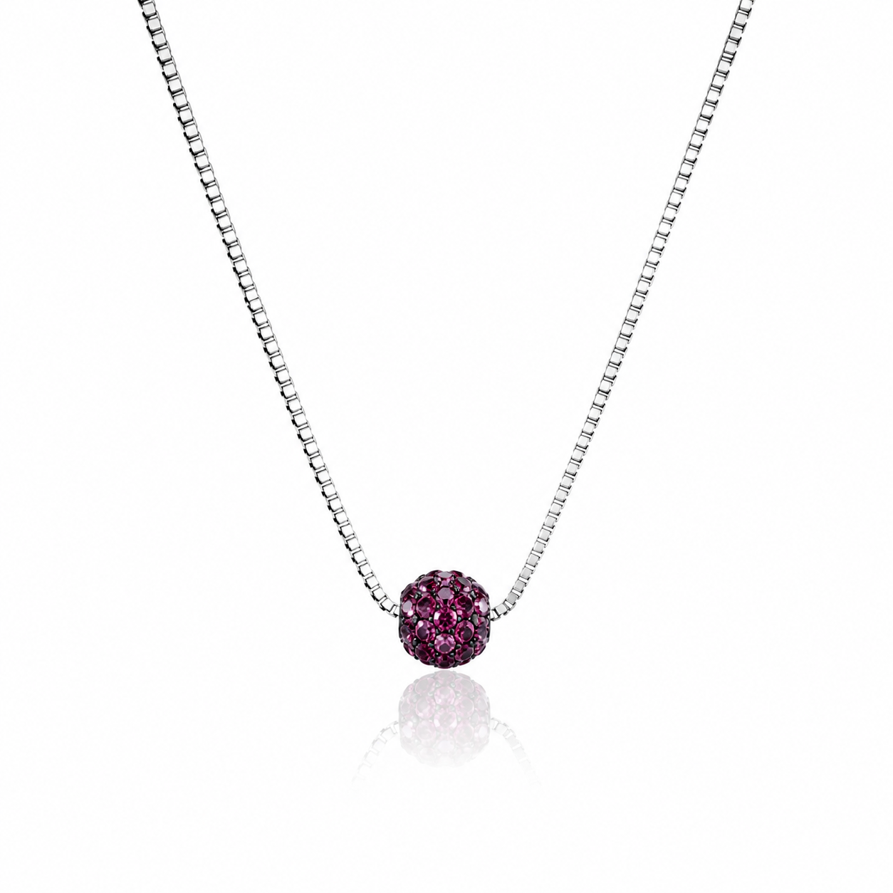 Colier din argint 925 rodiat cu lantisor fin tip venetian si pandantiv sfera acoperit complet cu cristale swarovski mov.