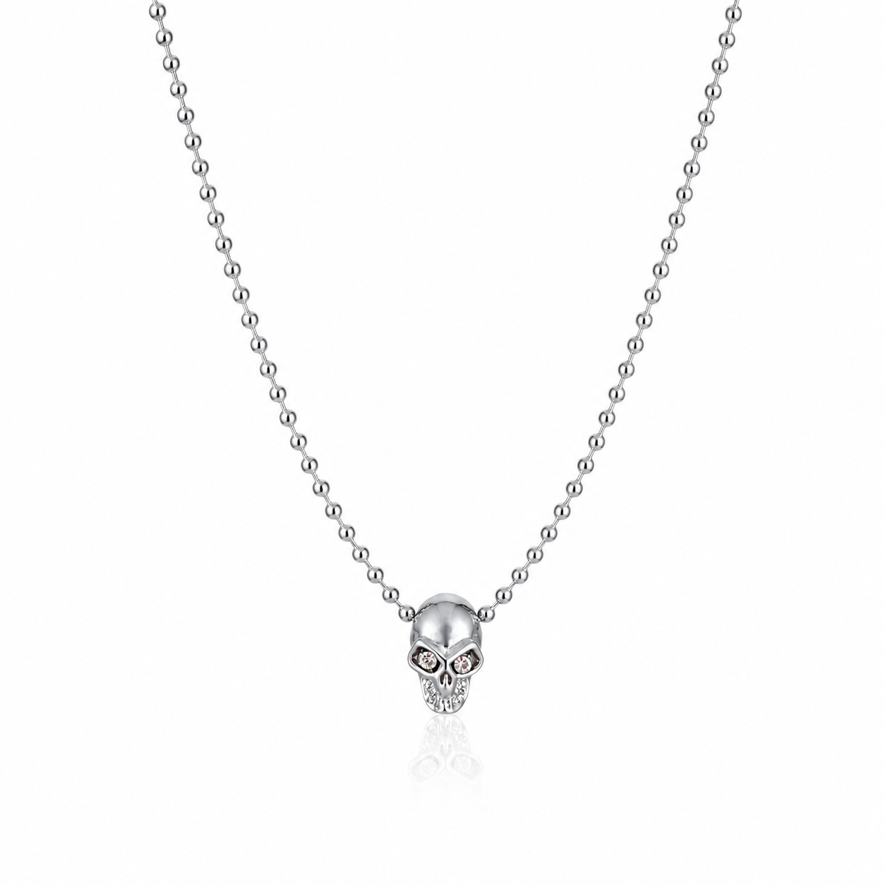 Colier premium din argint 925 cu pandantiv in forma de craniu si ochi din diamante CZ albe, pe lant cu bile