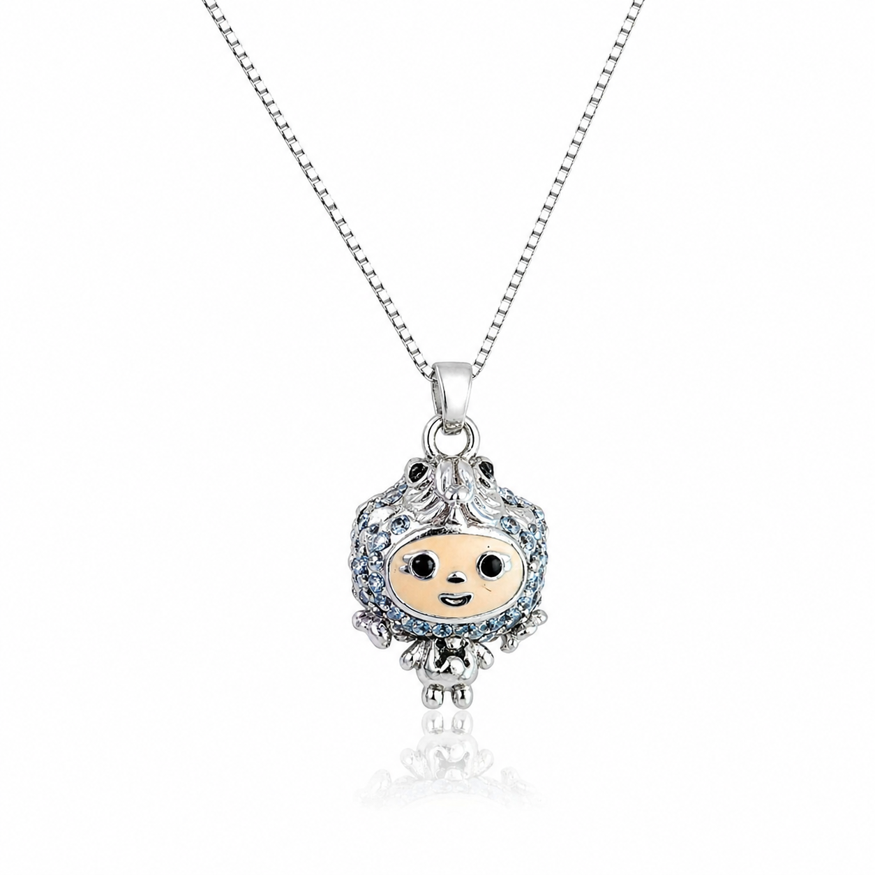 Colier din argint 925 rodiat cu pandantiv figurina zodia Pesti, decorat cu cristale Swarovski albastre si detalii din email