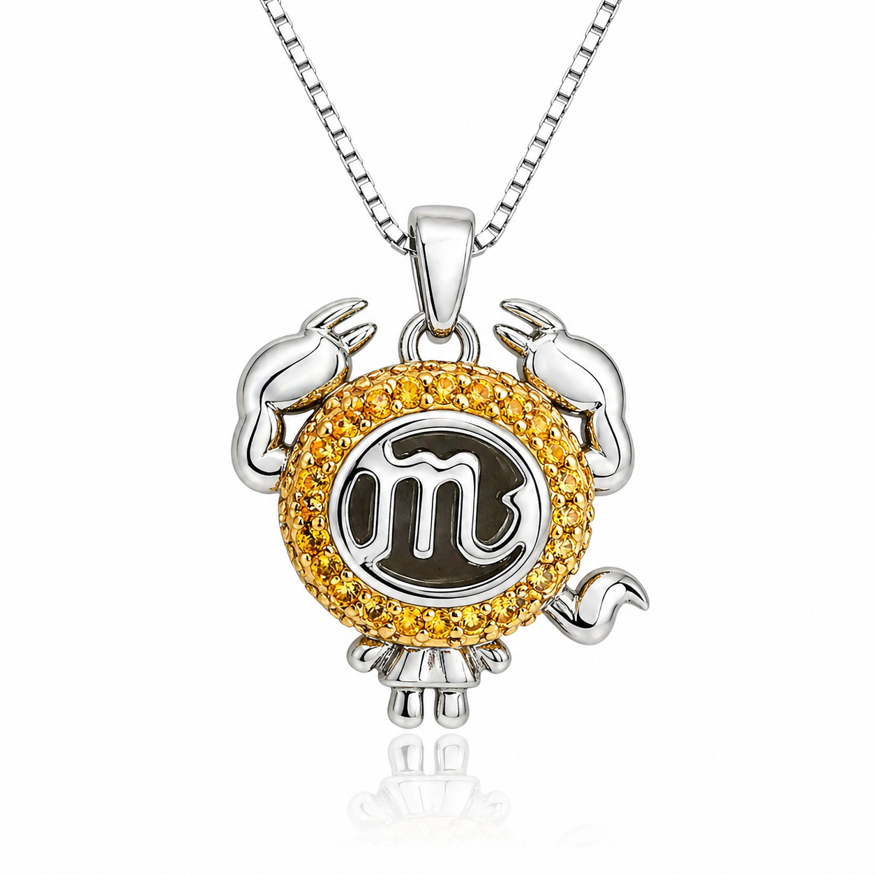 Colier din argint 925 rodiat cu pandantiv figurina zodia Scorpion, decorat cu cristale Swarovski galbene si coada stilizata, vedere din spate