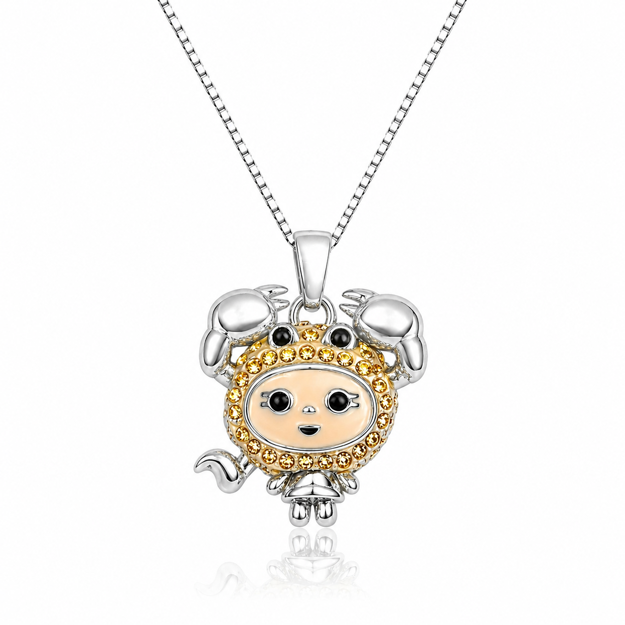 Colier din argint 925 rodiat cu pandantiv figurina zodia Scorpion, decorat cu cristale Swarovski galbene si coada stilizata