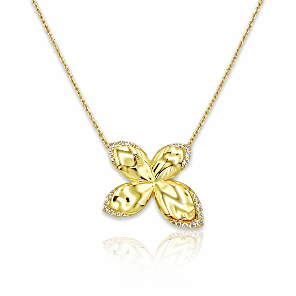 colier din argint 925 rodiat auriu cu pandantiv floare cu diamante cz pe marginea petalelor