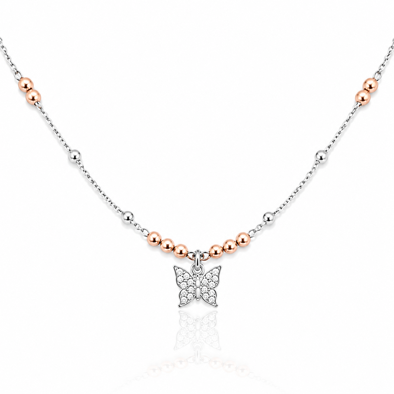 Colier fin din argint cu detalii bilute rose gold si pandantiv in forma de fluture incrustat cu pavaj din cristale cz albe.