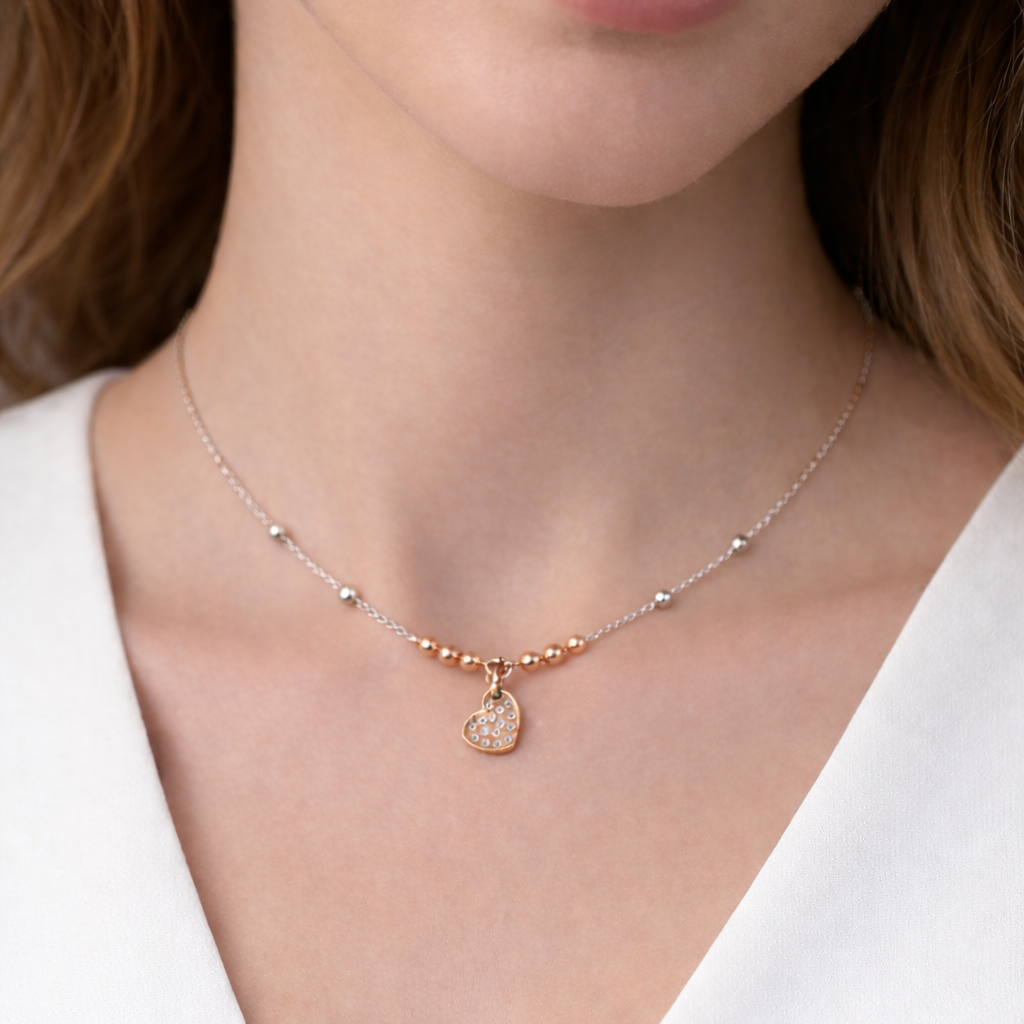 colier cu inimioara rose gold din argint 925 cu diamante CZ albe