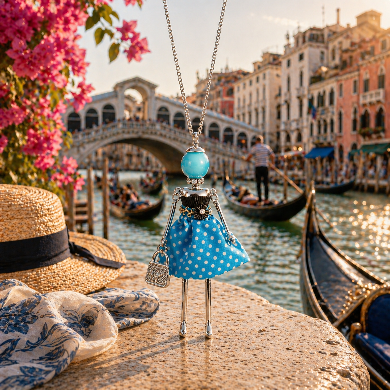 Colier lung din otel inoxidabil cu pandantiv papusica din colectia Bambole, rochita albastra cu buline albe, gentusa cu cristale si perla turcoaz, lifestyle Venezia