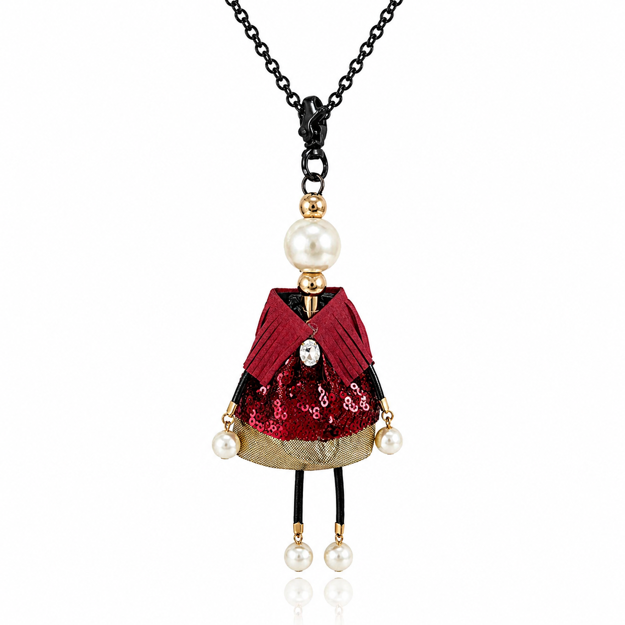 Colier lung din otel rodiat negru cu pandantiv papusa de 12 cm, rochie rosie cu paiete, detalii din piele intoarsa si perle de cultura