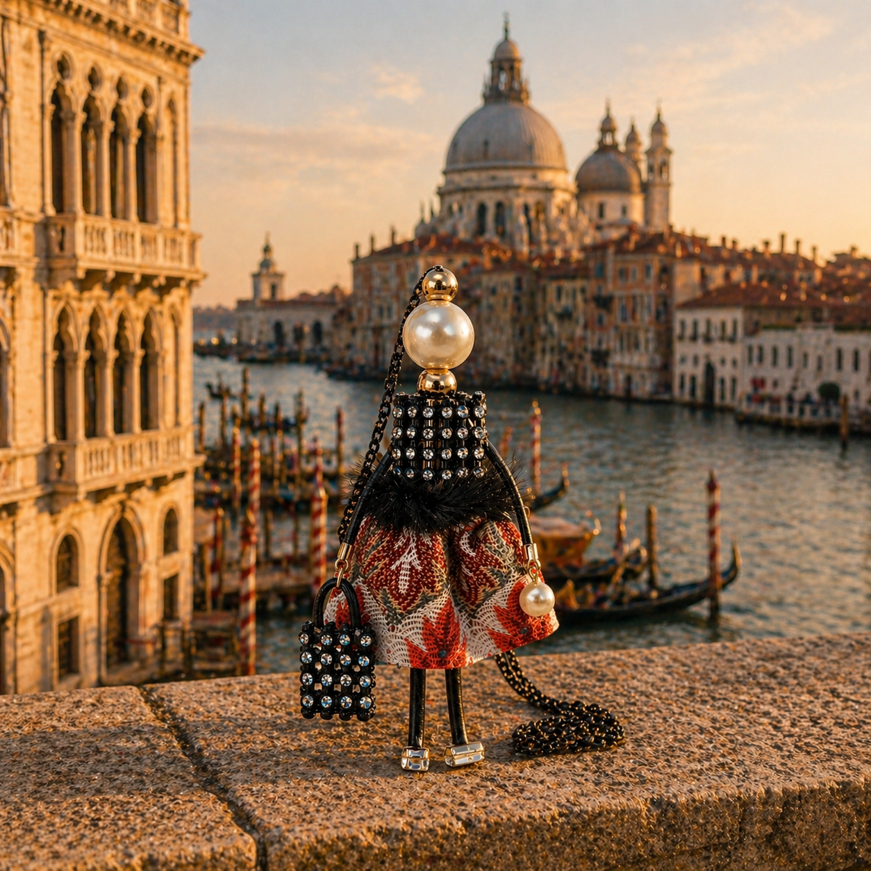 Colier statement tip papusa cu rochita Jacquard rosie, guler de blanita neagra, corset cu cristale si perla mare, finisaj rodiu negru, imagine lifestyle Venezia