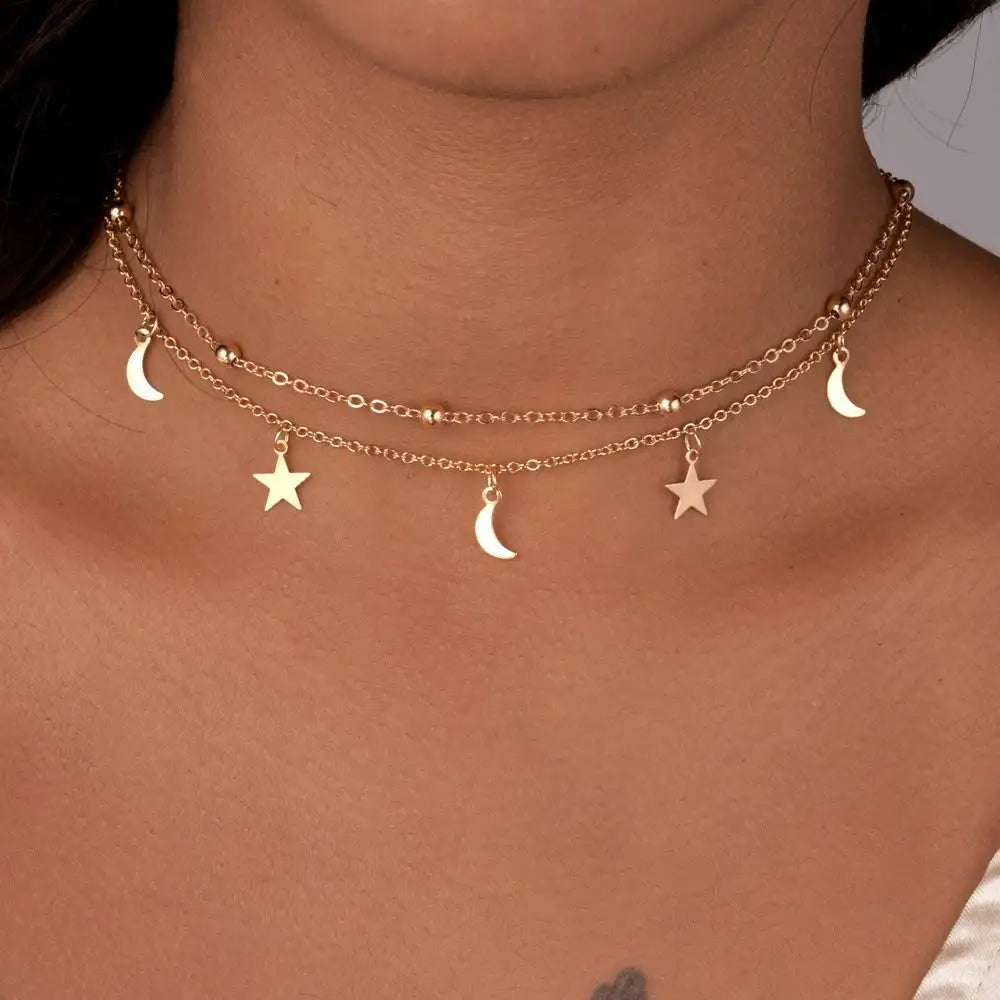 colier argint rodiat auriu cu luna si stele