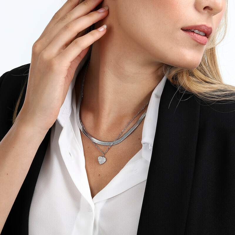 colier dublu argintiu herringbone