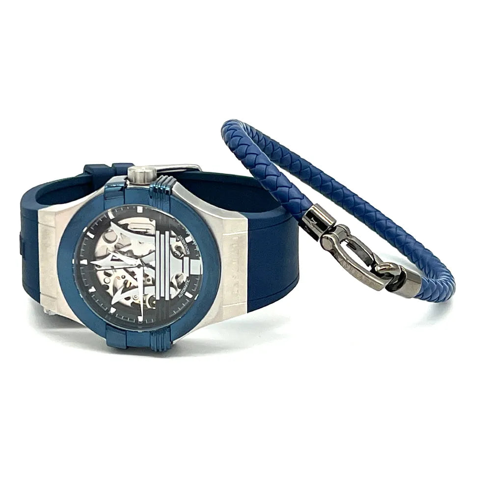 set ceas maserati si bratara piele albastra