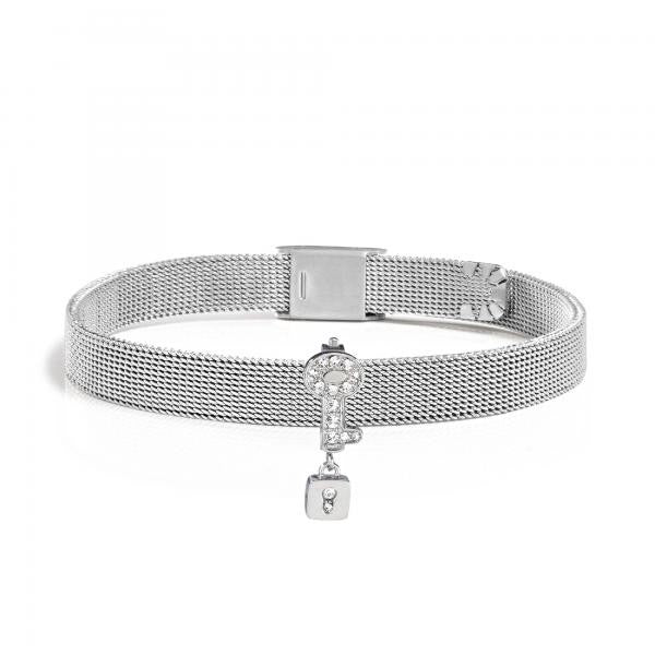 Bratara de dama Morellato de tip mesh din otel inoxidabil cu lacat si cheita din cristale Swarovski Bratara Lasardo Gioielli