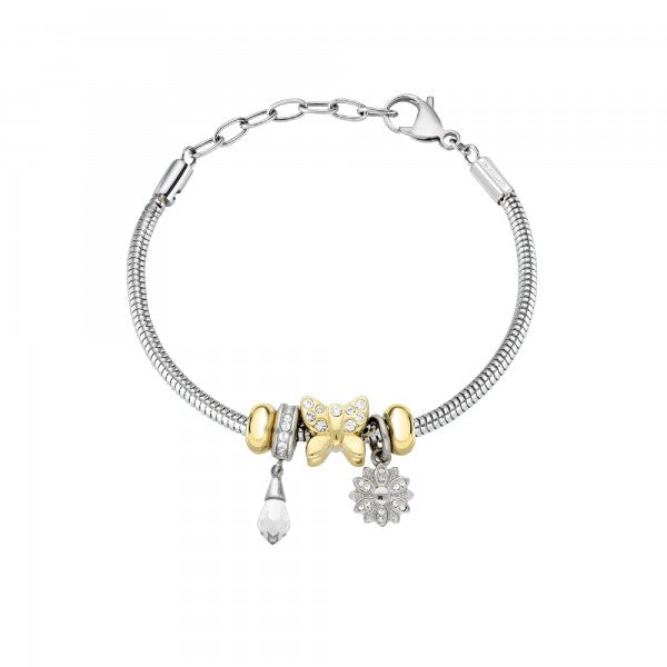 Bratara de dama Morellato din otel inoxidabil cu charmsuri fluture, floare si cristal Swarovski Bratara Lasardo Gioielli