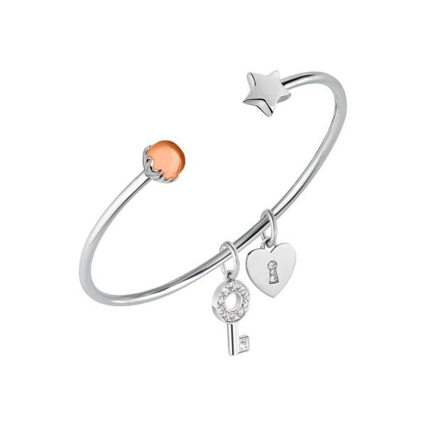 Bratara de dama Morellato din otel inoxidabil cu charmsuri cheita si lacat cu cristale Swarovski si chihlimbar Bratara Lasardo Gioielli