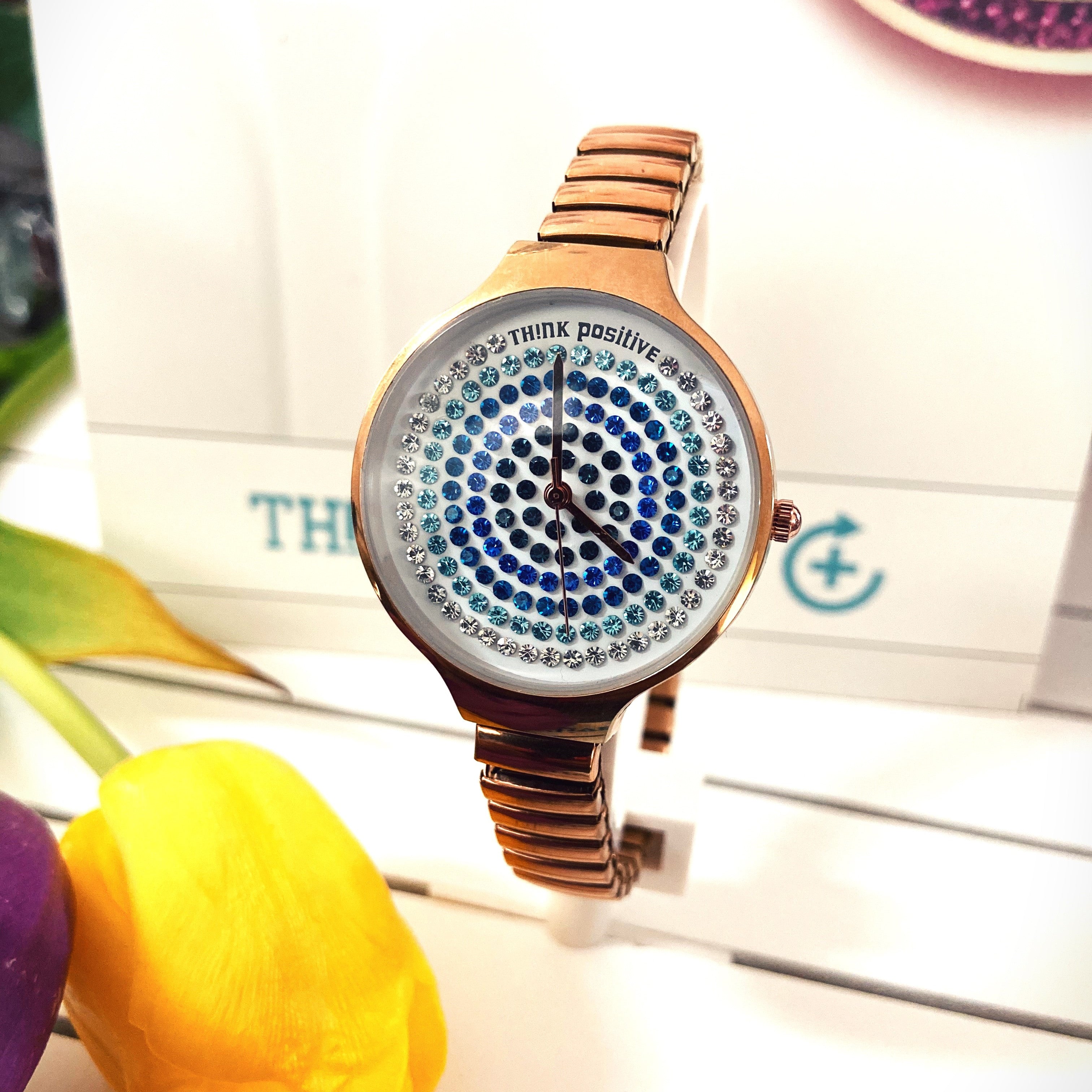 Ceas Think Positive Colectia Crystals Curea Metalica Rose Gold Si Cadran Cu Cristale Swarovski Albastre Degrade Ceas Lasardo Gioielli