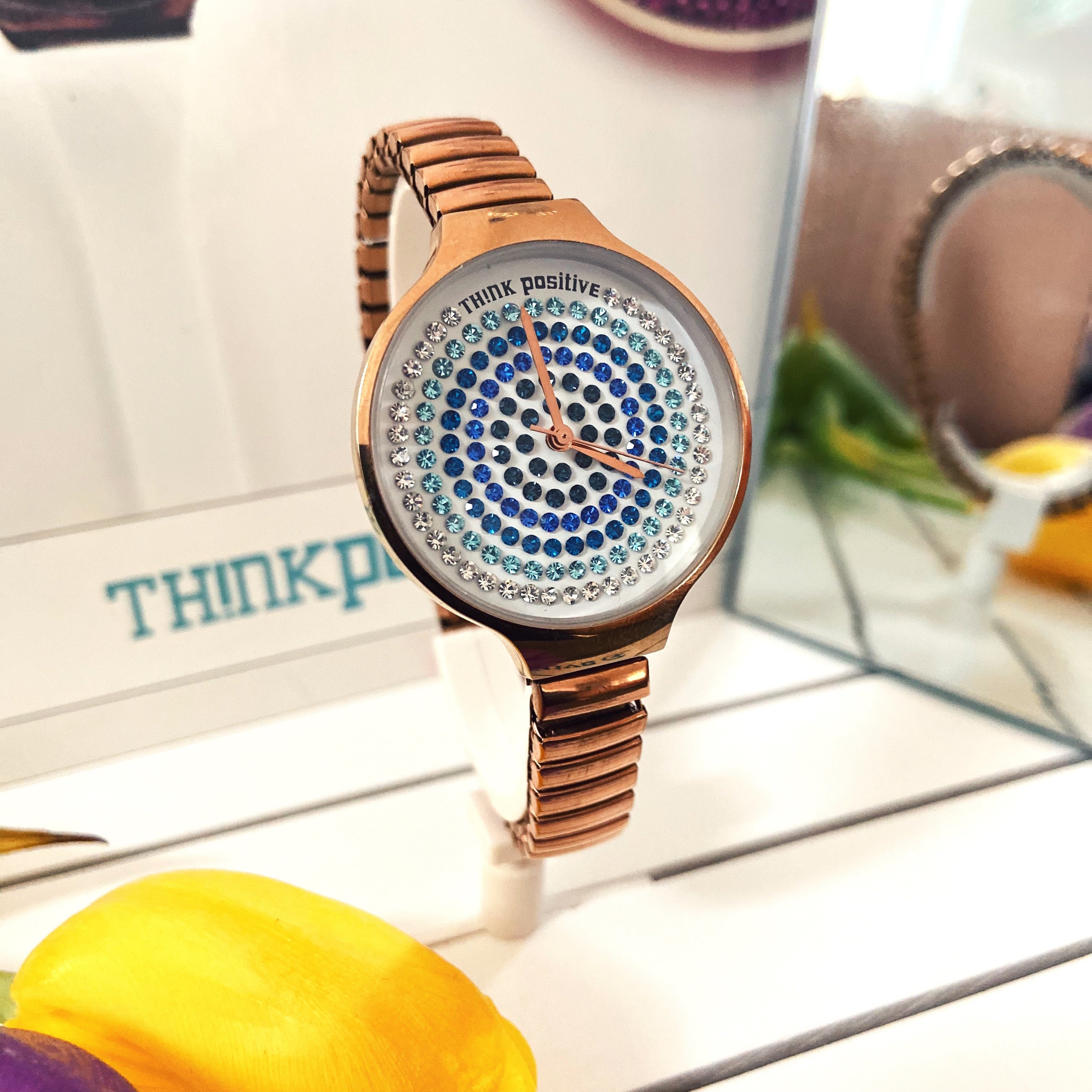Ceas Think Positive Colectia Crystals Curea Metalica Rose Gold Si Cadran Cu Cristale Swarovski Albastre Degrade Ceas Lasardo Gioielli