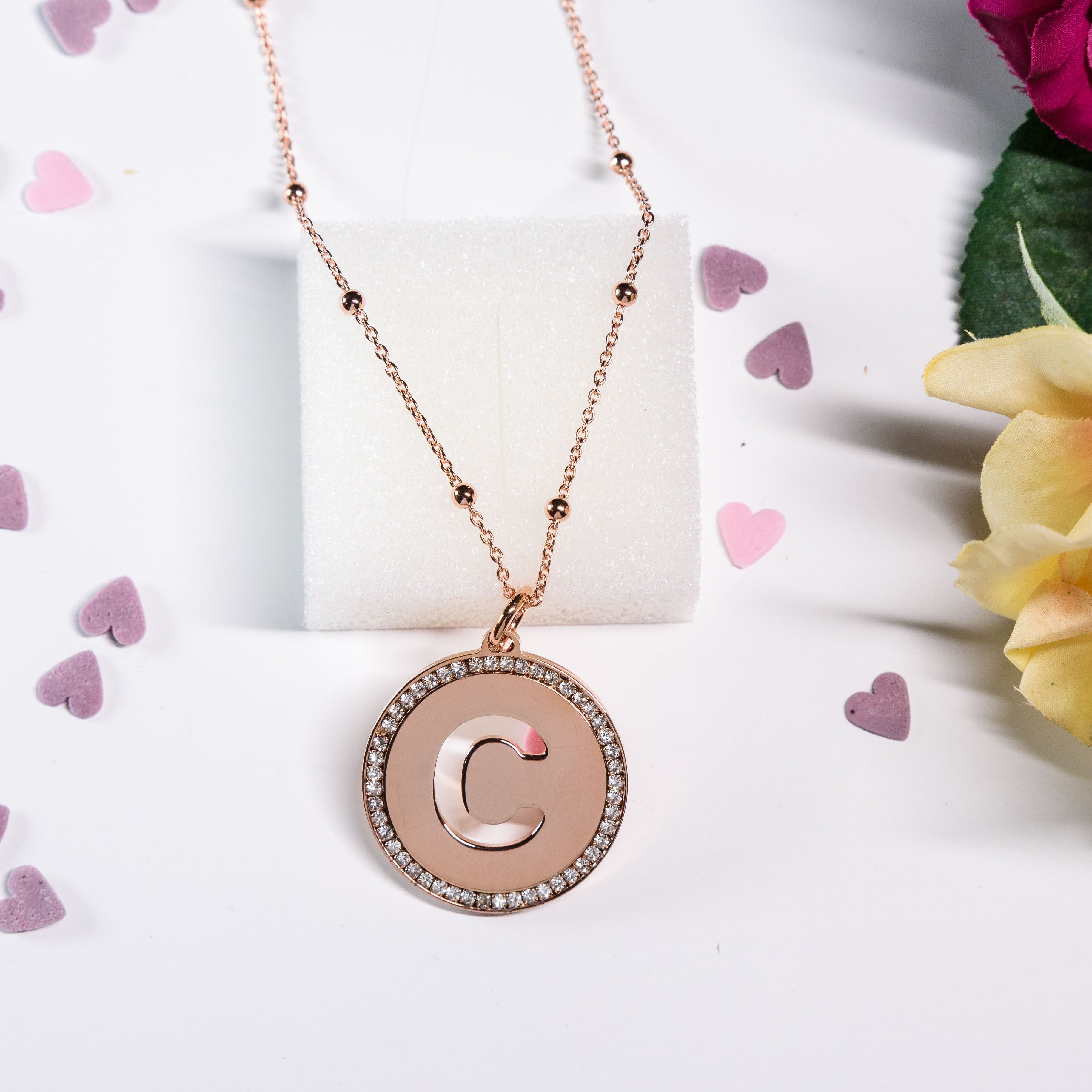 Colier Think Positive Din Otel Inoxidabil Rodiat Rose Gold Cu Pandantiv Litera C Colier Lasardo Gioielli