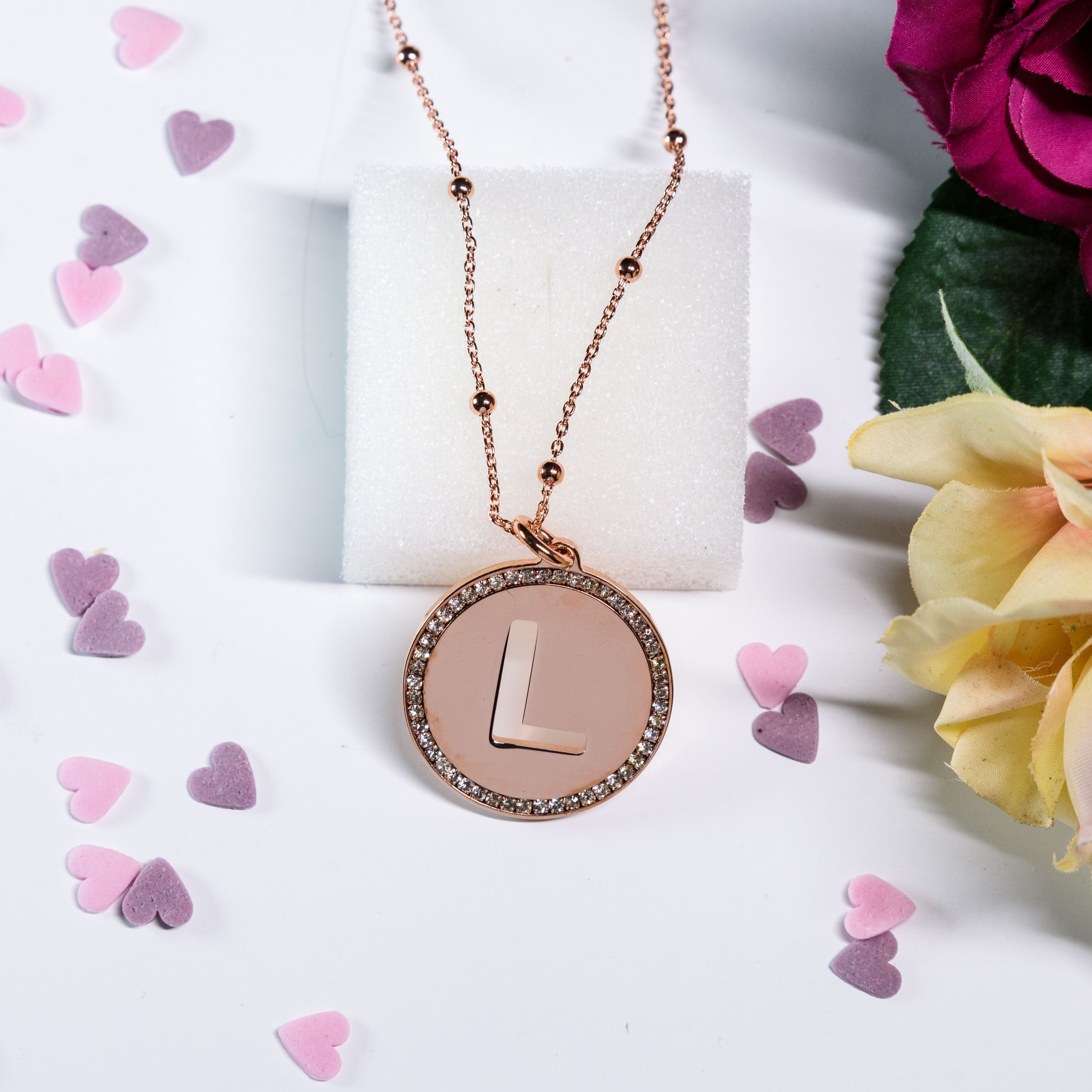 Colier Think Positive Din Otel Inoxidabil Rodiat Rose Gold Cu Pandantiv Litera L Colier Lasardo Gioielli