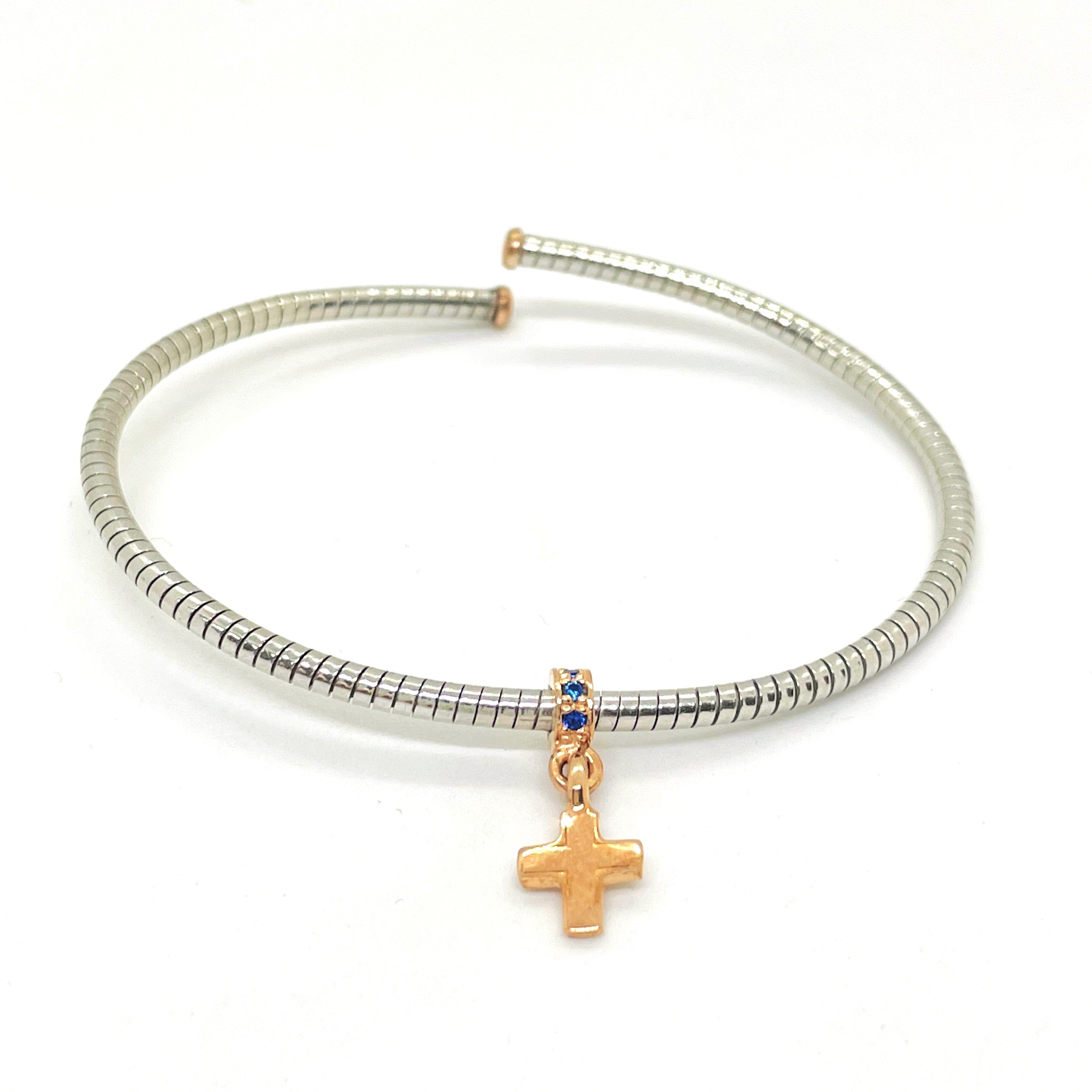 Bratara fixa semirigida din argint 925 rodiat cu cruciulita rose gold Bratara Lasardo Gioielli