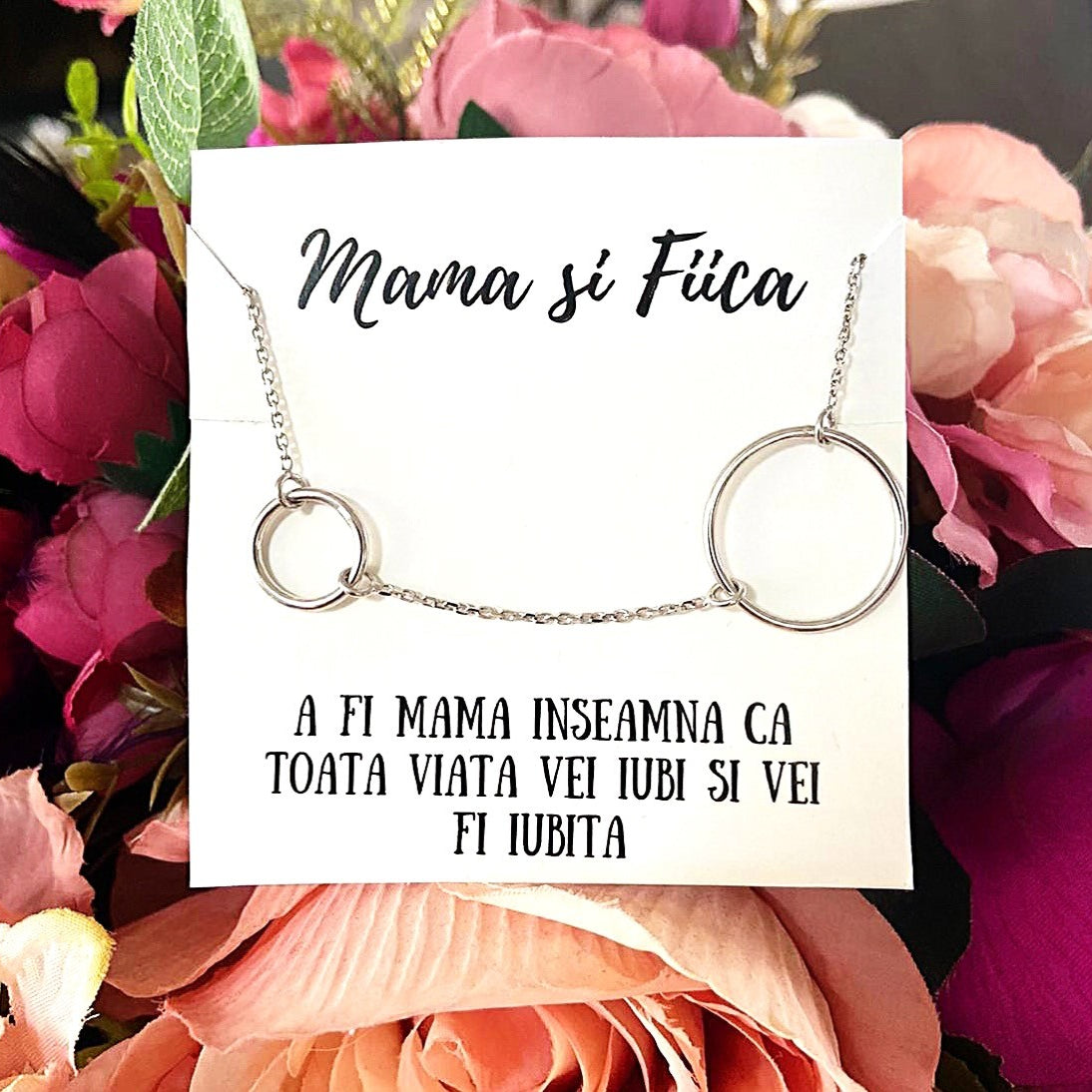 Bratara din argint 925 rodiat cu doua cercuri pe cartonas mama si fiica